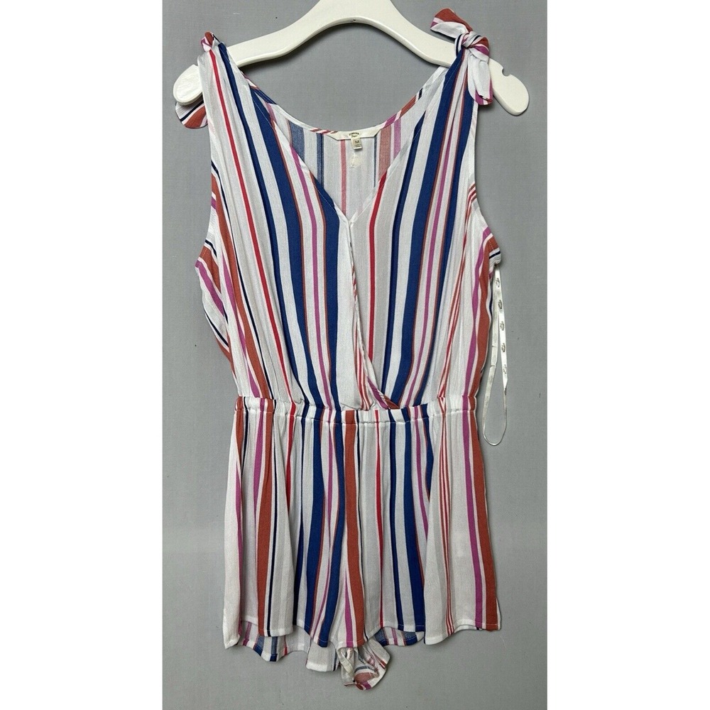 Hawaiian Tropic Romper Womens Medium‎ Sleeveless Red White Blue Striped V Neck